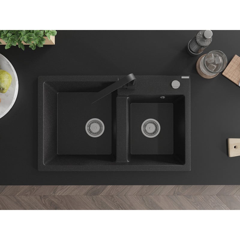 Mexen Tomas Granitspüle 2-Kammern mit Küchenarmatur Rita, schwarz/silber metallic - 6516-73-670300-70