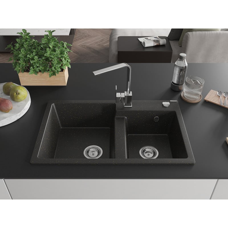 Mexen Tomas Granitspüle 2-Becken mit Küchenarmatur Rita, schwarz/gold metallic - 6516-75-670300-00