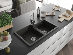 Mexen Tomas Granitspüle 2-Becken mit Küchenarmatur Rita, schwarz/gold metallic - 6516-75-670300-00