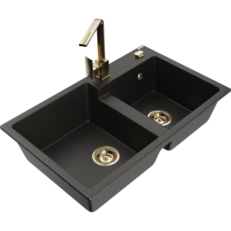 Mexen Tomas Granit-Spüle 2-Kammern mit Küchenarmatur Rita, schwarz/gold metallic - 6516-75-670300-50