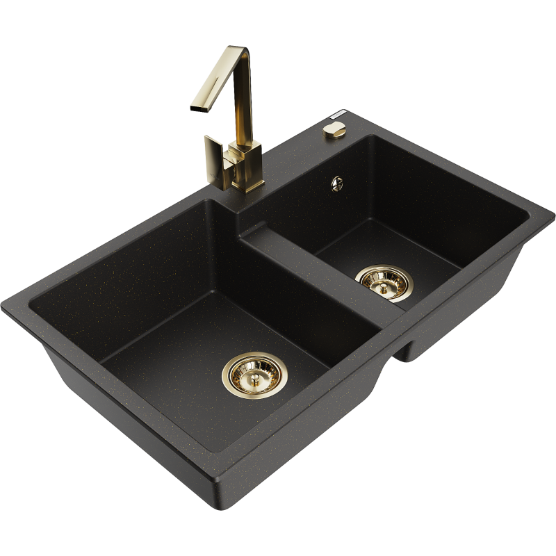 Mexen Tomas Granitspüle 2-fach mit Küchenarmatur Rita, schwarz/gold metallic - 6516-75-670300-50