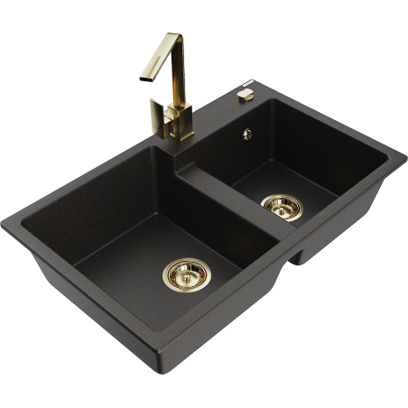 Mexen Tomas Granit-Spüle 2-Kammern mit Küchenarmatur Rita, schwarz/gold metallic - 6516-75-670300-50