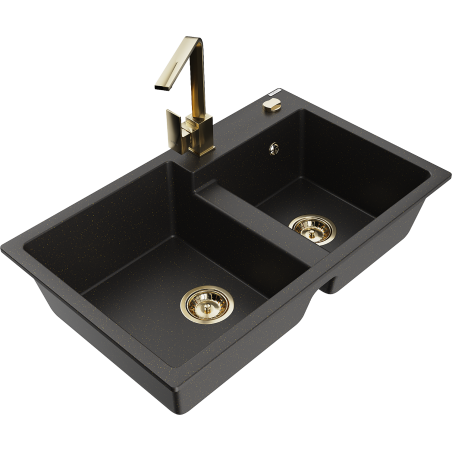 Mexen Tomas Granitspüle 2-fach mit Küchenarmatur Rita, schwarz/gold metallic - 6516-75-670300-50