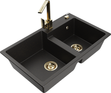 Mexen Tomas Granitspüle 2-fach mit Küchenarmatur Rita, schwarz/gold metallic - 6516-75-670300-50