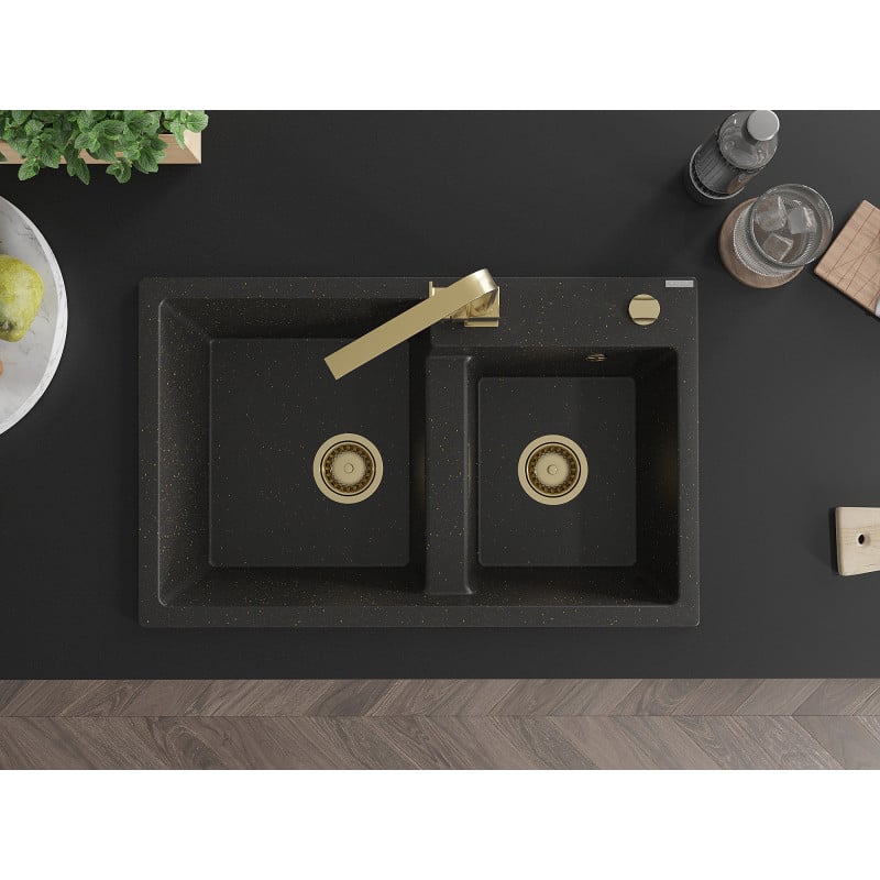 Mexen Tomas Granitspüle 2-fach mit Küchenarmatur Rita, schwarz/gold metallic - 6516-75-670300-50