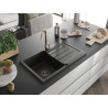 Mexen Bruno Granitspüle 1-Becken mit Abtropffläche und Küchenarmatur Telma, schwarz/gold - 6513-75-670200-50-B