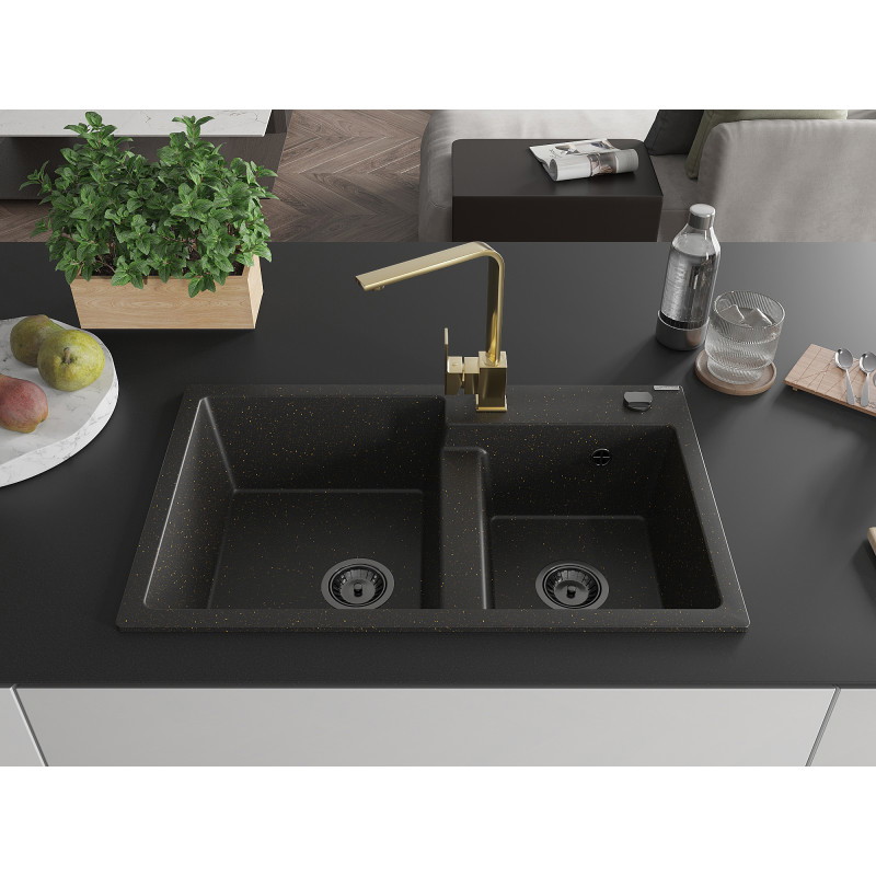 Mexen Tomas Granitspüle 2-Kammer mit Küchenarmatur Rita, Schwarz/Gold Metallic - 6516-75-670300-50-B