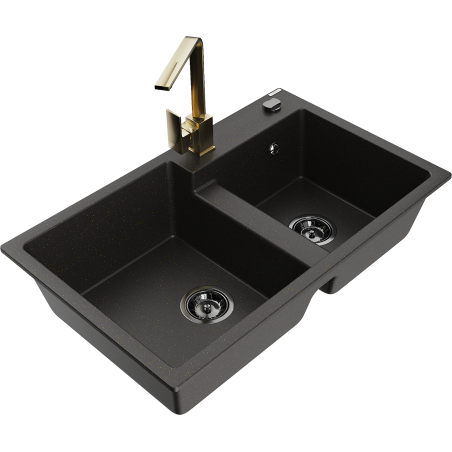 Mexen Tomas Granitspüle 2-Kammer mit Küchenarmatur Rita, Schwarz/Gold Metallic - 6516-75-670300-50-B
