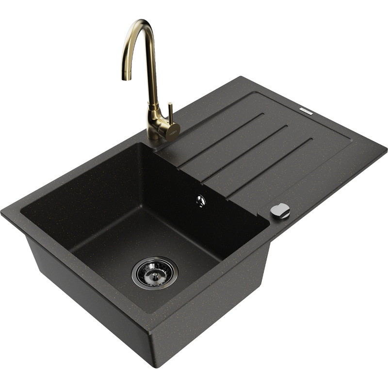 Mexen Bruno Granitspüle 1-Becken mit Abtropffläche und Küchenarmatur Telma, schwarz/gold - 6513-75-670200-50-B