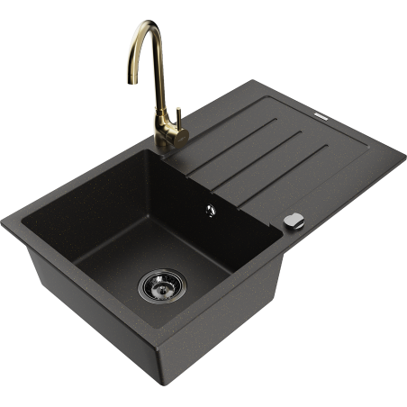 Mexen Bruno Granitspüle 1-Becken mit Abtropffläche und Küchenarmatur Telma, schwarz/gold - 6513-75-670200-50-B