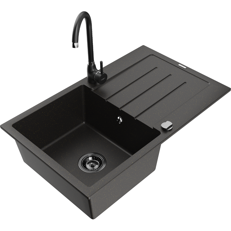 Mexen Bruno Granitspüle 1-Becken mit Abtropffläche und Küchenarmatur Telma, schwarz/gold - 6513-75-670200-70-B
