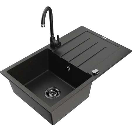 Mexen Bruno Granitspüle 1-Becken mit Abtropffläche und Küchenarmatur Telma, schwarz/gold - 6513-75-670200-70-B