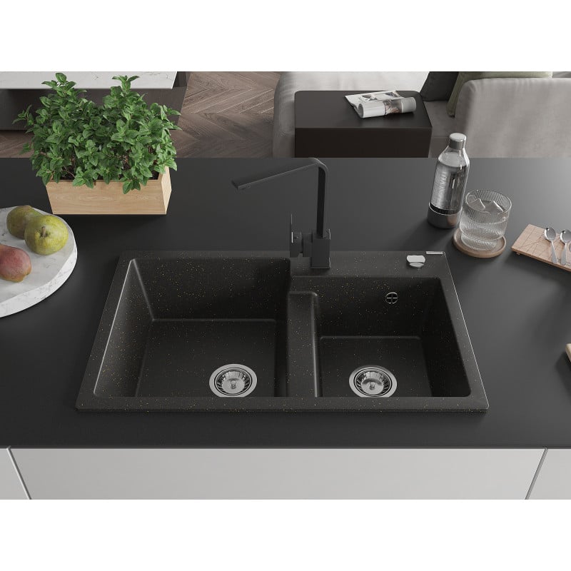 Mexen Tomas Granitspüle 2-Kammer mit Küchenarmatur Rita, schwarz/gold metallic - 6516-75-670300-70