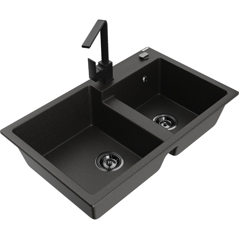 Mexen Tomas Granitspüle 2-Kammern mit Küchenarmatur Rita, schwarz/gold-metallic - 6516-75-670300-70-B