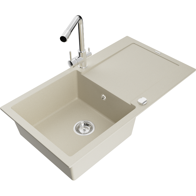 Mexen Leo Granitspüle mit 1 Becken, Abtropffläche und Küchenarmatur Duero, beige - 6501-69-671600-00
