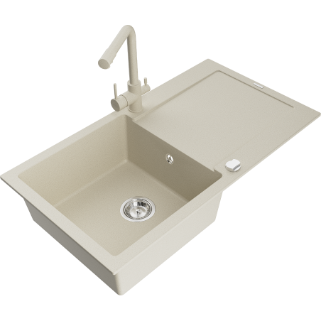 Mexen Leo Granitspüle 1-Becken mit Abtropffläche und Küchenarmatur Duero, beige- 6501-69-671600-69