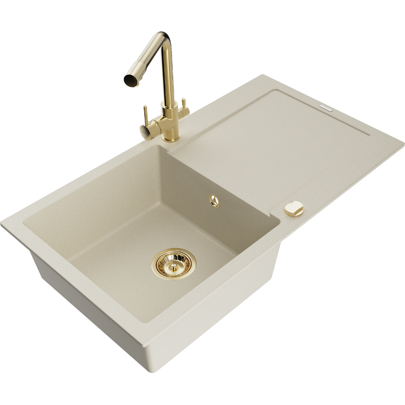 Mexen Leo Einzelbecken-Küchenspüle aus Granit mit Abtropffläche und Küchenarmatur Duero, beige - 6501-69-671600-50