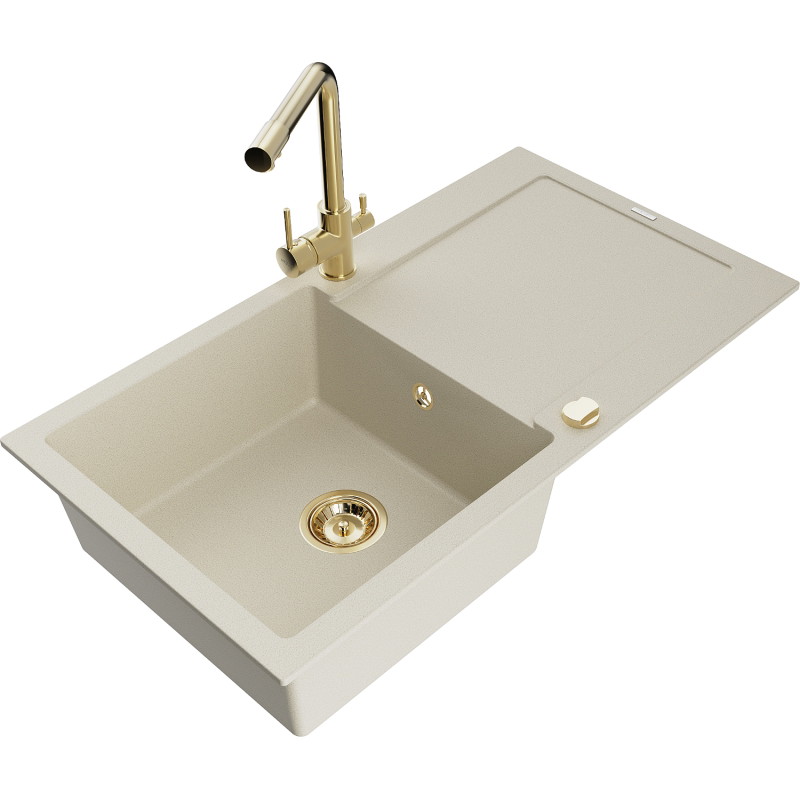 Mexen Leo Granitspüle 1-beckig mit Abtropffläche und Küchenarmatur Duero, beige - 6501-69-671600-50
