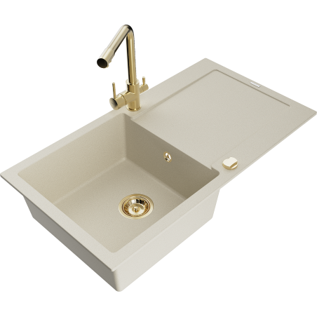 Mexen Leo Granitspüle 1-Becken mit Abtropffläche und Küchenarmatur Duero, beige- 6501-69-671600-50