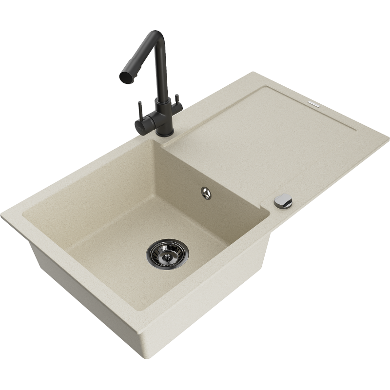 Mexen Leo Granitspüle 1-beckig mit Abtropffläche und Küchenarmatur Duero, beige- 6501-69-671600-70