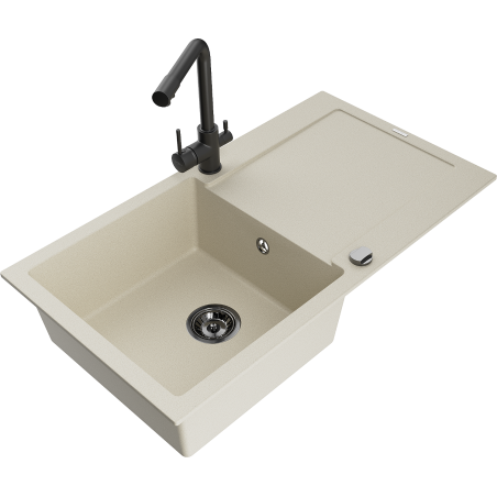 Mexen Leo 1-becken granitspüle mit abtropffläche und küchenarmatur Duero, beige - 6501-69-671600-70