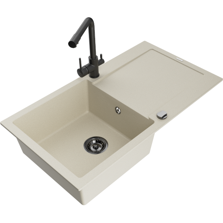Mexen Leo Granitspüle 1-beckig mit Abtropffläche und Küchenarmatur Duero, beige- 6501-69-671600-70