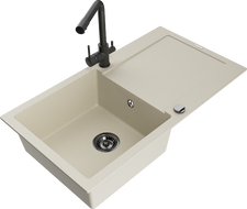 Mexen Leo Granitspüle 1-beckig mit Abtropffläche und Küchenarmatur Duero, beige- 6501-69-671600-70