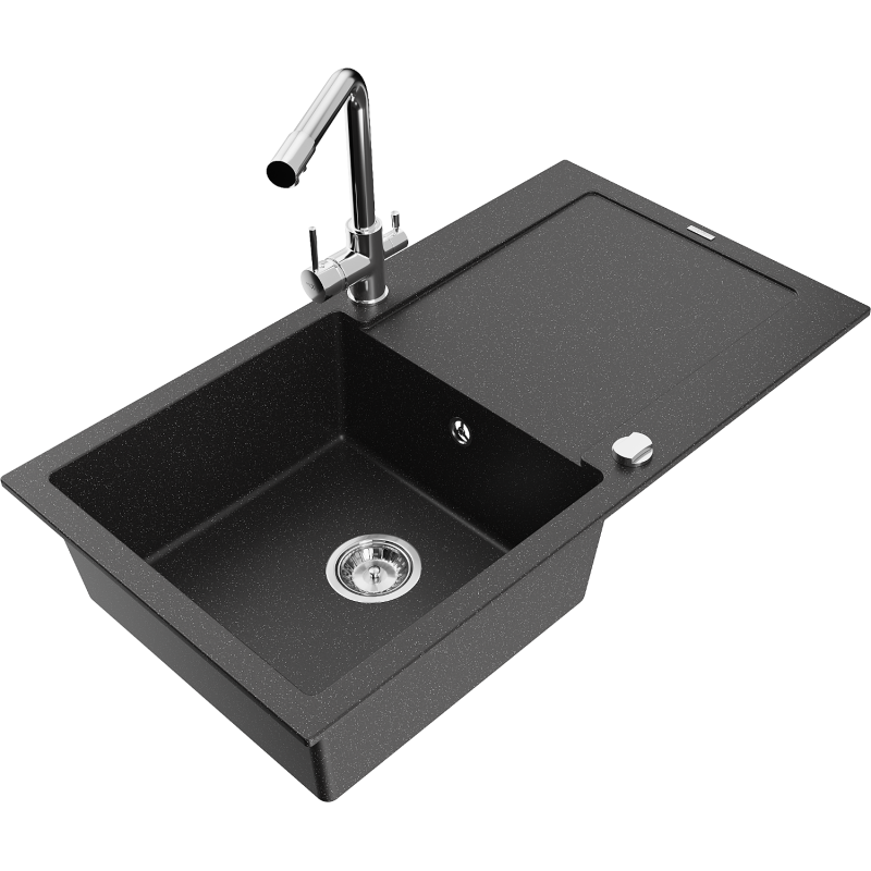 Mexen Leo Granitspüle 1-Becken mit Abtropffläche und Küchenarmatur Duero, schwarz/silber Metallic - 6501-73-671600-00