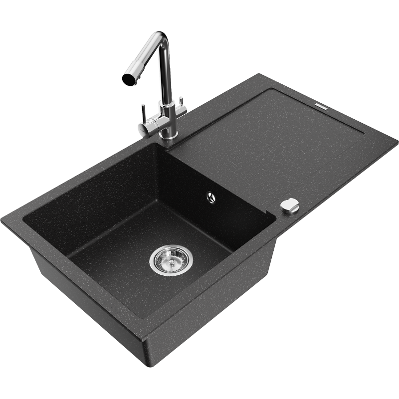 Mexen Leo Granitspüle 1-beckig mit Abtropffläche und Küchenarmatur Duero, schwarz/silber metallic - 6501-73-671600-00