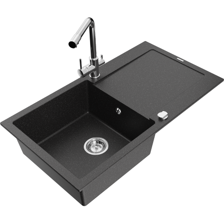Mexen Leo Granitspüle 1-Becken mit Abtropffläche und Küchenarmatur Duero, schwarz/silber Metallic - 6501-73-671600-00