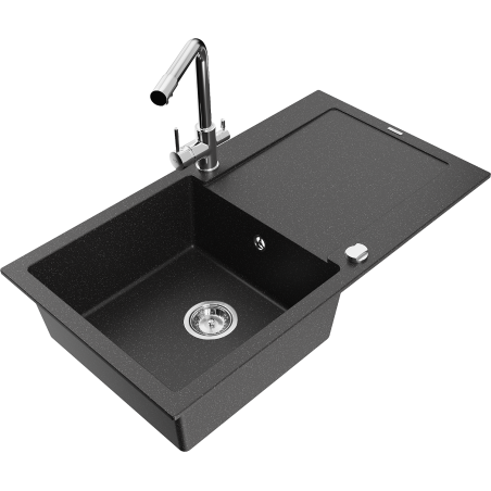 Mexen Leo Granitspüle 1-beckig mit Abtropffläche und Küchenarmatur Duero, schwarz/silber metallic - 6501-73-671600-00
