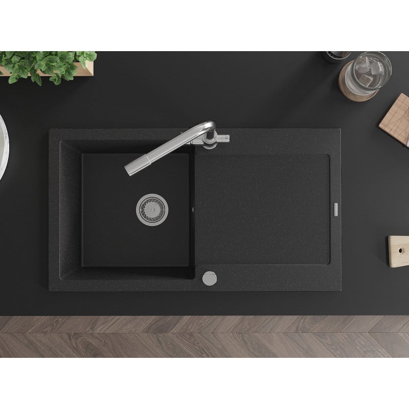 Mexen Leo Granitspüle 1-Becken mit Abtropffläche und Küchenarmatur Duero, schwarz/silber Metallic - 6501-73-671600-00