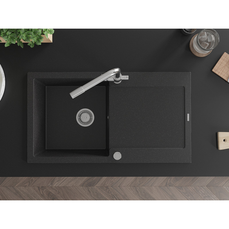 Mexen Leo Granitspüle 1-beckig mit Abtropffläche und Küchenarmatur Duero, schwarz/silber metallic - 6501-73-671600-00