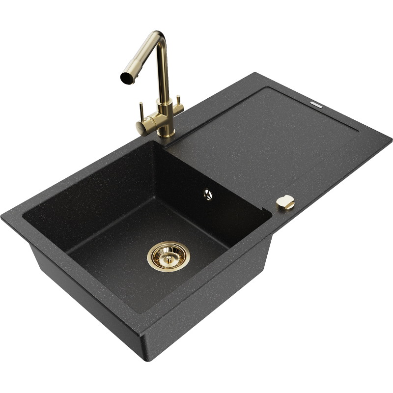 Mexen Leo Einbeckiger Granitspülbecken mit Abtropffläche und Küchenarmatur Duero, schwarz/silberner Metallic-Look