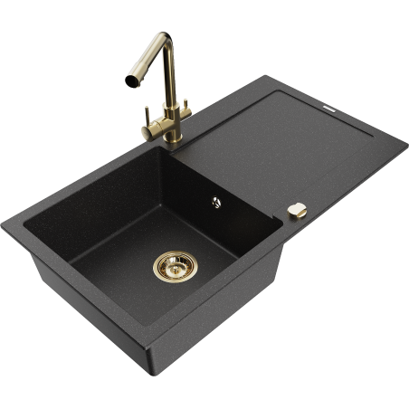 Mexen Leo Einbeckiger Granitspülbecken mit Abtropffläche und Küchenarmatur Duero, schwarz/silberner Metallic-Look