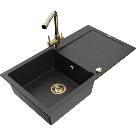 Mexen Leo Granitspüle 1-Becken mit Abtropffläche und Küchenarmatur Duero, schwarz/silber metallic - 6501-73-671600-50