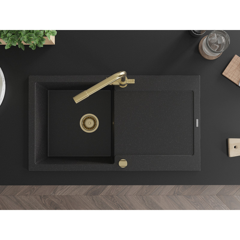 Mexen Leo Granitspüle 1-Becken mit Abtropffläche und Küchenarmatur Duero, schwarz/silber metallic - 6501-73-671600-50