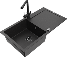 Mexen Leo Granitspüle 1-Becken mit Abtropffläche und Küchenarmatur Duero, schwarz/silber metallic - 6501-73-671600-70-B