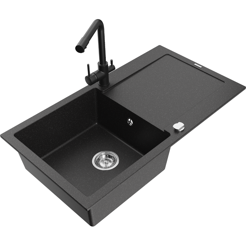 Mexen Leo Granitspüle 1-beckig mit Abtropffläche und Küchenarmatur Duero, schwarz/silber metallic - 6501-73-671600-70