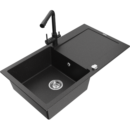 Mexen Leo Granitspüle 1-beckig mit Abtropffläche und Küchenarmatur Duero, schwarz/silber metallic - 6501-73-671600-70