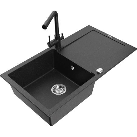 Mexen Leo Granitspüle 1-beckig mit Abtropffläche und Küchenarmatur Duero, schwarz/silberner Metallic-Look - 6501-73-671600-70