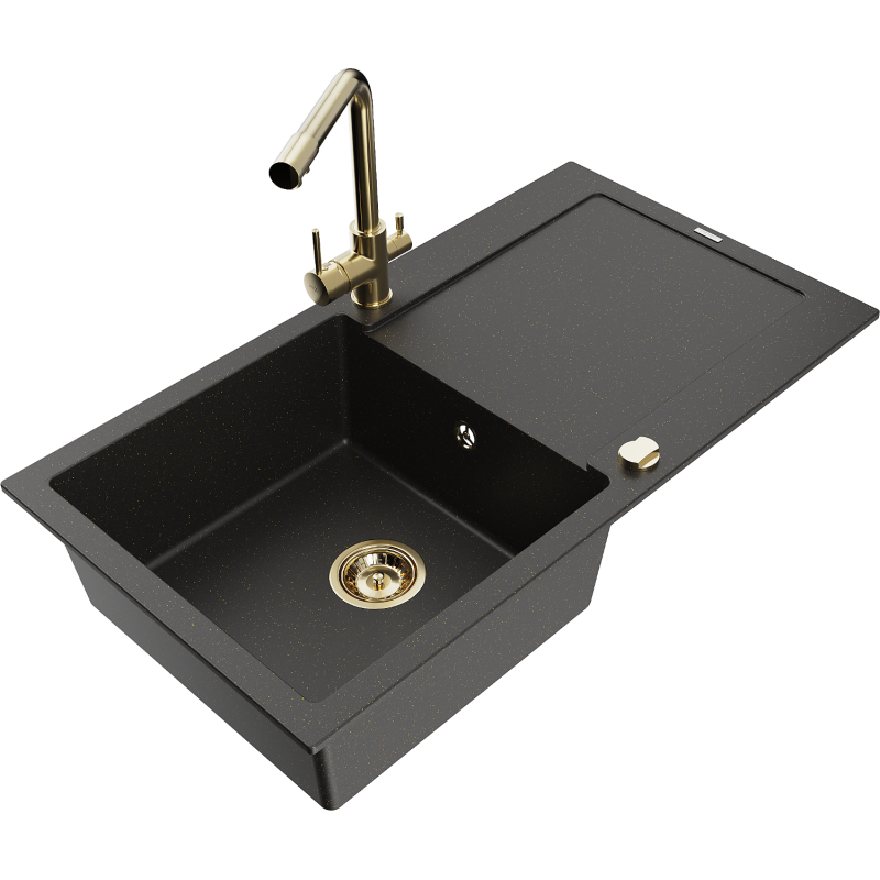Mexen Leo Granitspüle 1-beckig mit Abtropffläche und Küchenarmatur Duero, Schwarz/Gold Metallic - 6501-75-671600-50