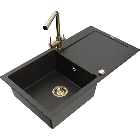Mexen Leo Granitspüle 1-beckig mit Abtropffläche und Küchenarmatur Duero, Schwarz/Gold Metallic - 6501-75-671600-50