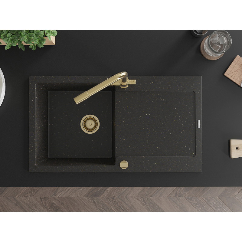 Mexen Leo Granitspüle 1-beckig mit Abtropffläche und Küchenarmatur Duero, Schwarz/Gold Metallic - 6501-75-671600-50