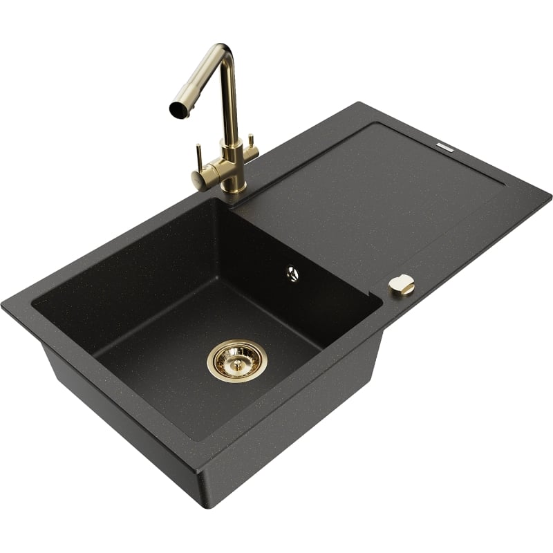 Mexen Leo Granitspüle 1-Becken mit Abtropffläche und Küchenarmatur Duero, schwarz/goldener Metallic - 6501-75-671600-50-B