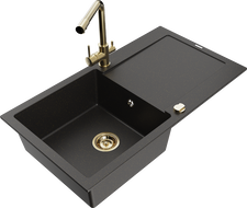 Mexen Leo Granitspüle 1-Becken mit Abtropffläche und Küchenarmatur Duero, schwarz/gold metallic - 6501-75-671600-50-B