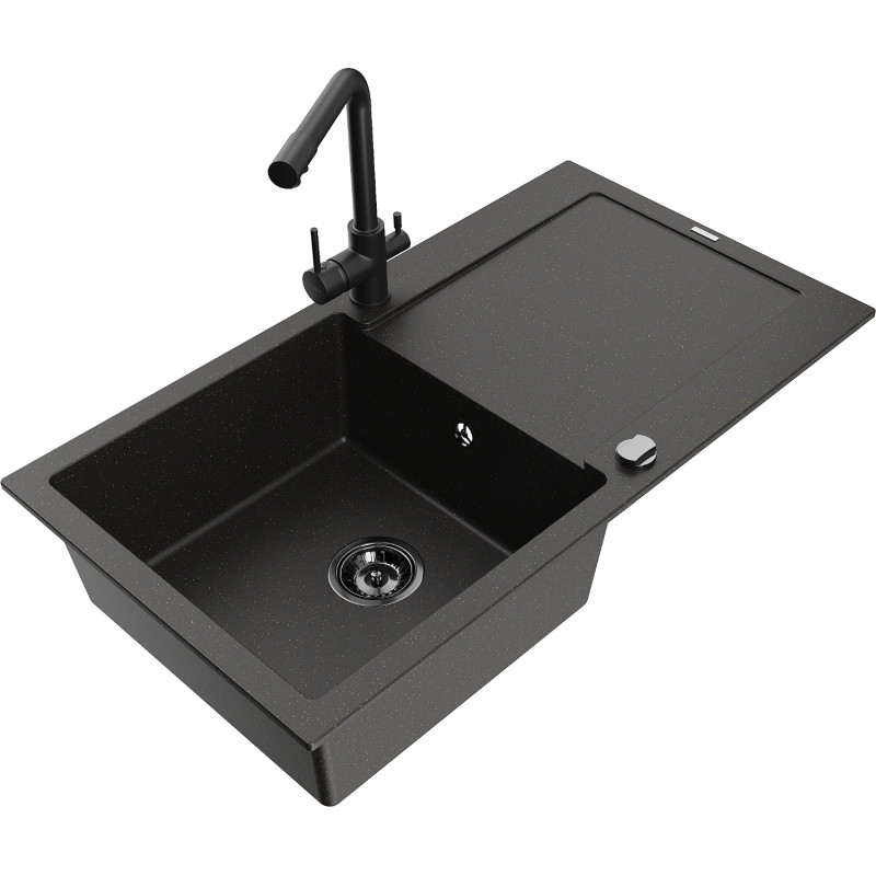 Mexen Leo granitspüle 1-becken mit abtropffläche und küchenarmatur Duero, schwarz/gold-metallik - 6501-75-671600-70-B