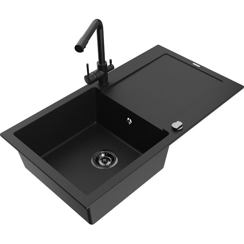 Mexen Leo Einzelbecken-Granitspüle mit Abtropffläche und Küchenarmatur Duero, schwarz - 6501-77-671600-70-B