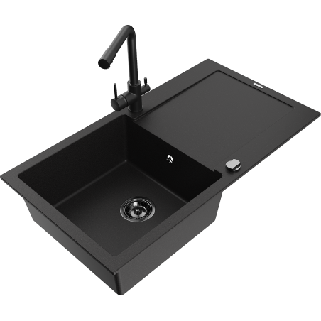 Mexen Leo Einzelbecken-Granitspüle mit Abtropffläche und Küchenarmatur Duero, schwarz - 6501-77-671600-70-B