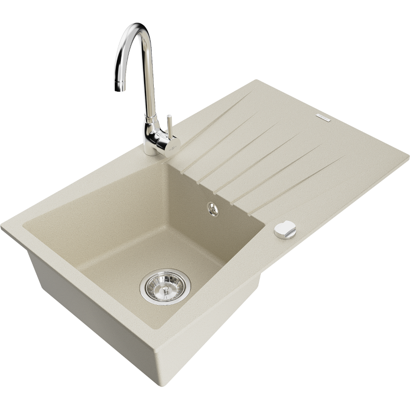 Mexen Cesar Granitspüle 1-beckig mit Abtropffläche und Küchenarmatur Telma, beige - 6514-69-670200-00